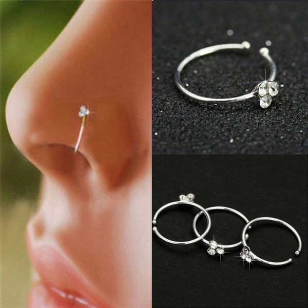 Nose Clip Copper Circular Nose Ring Circular Punk Small Thin Clear Rhinestone Flower Lip Ear on Fake Piercing Body Jewelry