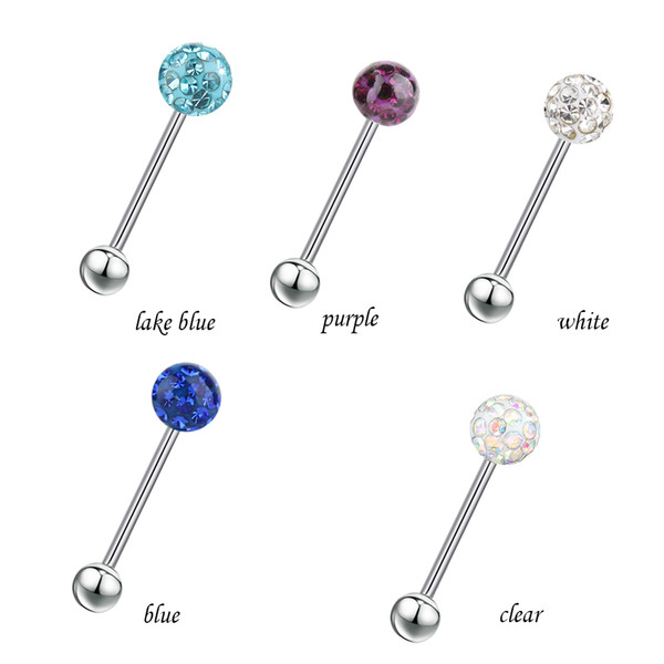 Surgical Steel Czech Crystal Ball Barbell Bar Tongue Ring Body Studs Piercing Pin Jewelry