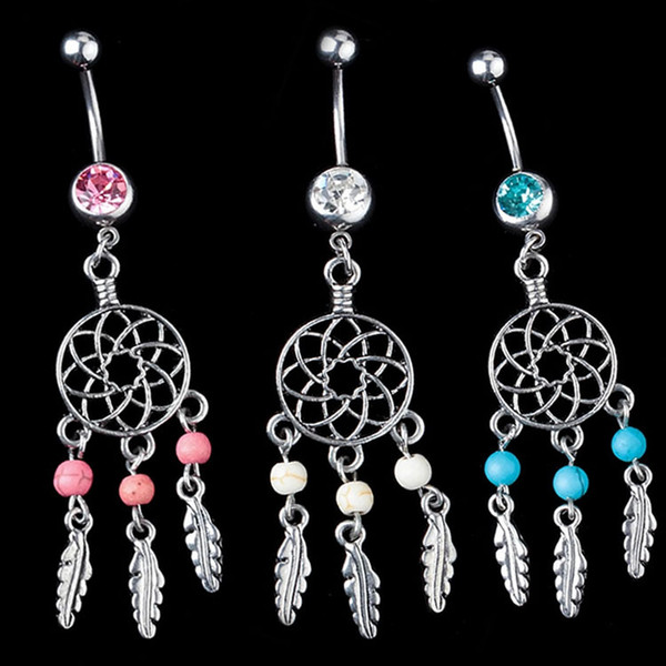 Moda Crystal Dream Catcher Cuelga Los Anillos Del Botón De Vientre Bar Joyería Atractiva Piercing Quirúrgica Del Cuerpo Piercing