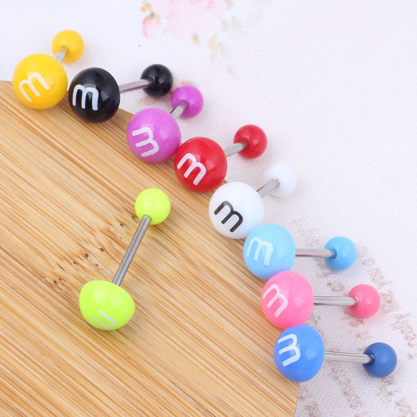 Print M Acrylic Colorful Stainless Steel Barbell Tongue Rings Bars Piercing Cosmetic Piercing Nipple Bar