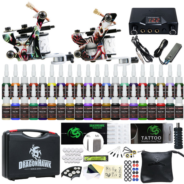 Complete Tattoo Kit 2 Machine Guns 40 Ink Equipment Needles Dual Power Supply Carry Case