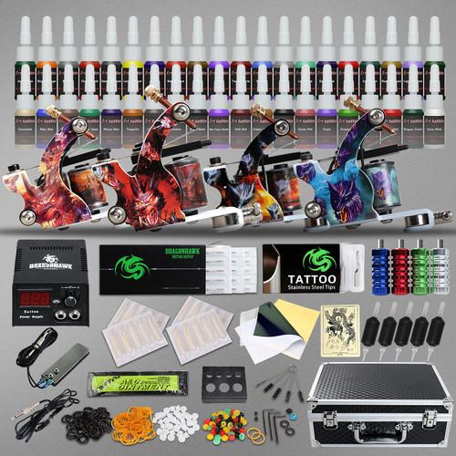 Tattoo kit 4 Guns LCD Power Supply 40 inks Disposable Needles Tips Carry Case D120GD