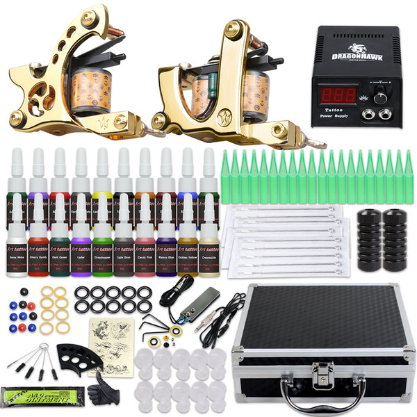 Complete Tattoo Kit 2 Machines gun 20 color Inks LCD Power supply needles Equipment Set