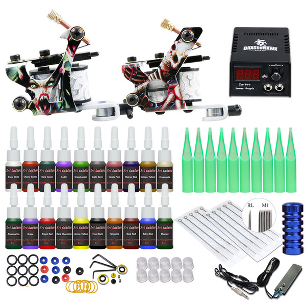 Dragonhawk Complete Tattoo Kit 2 Guns 20 Color inks Power supply D175GD-15 for beginner best price