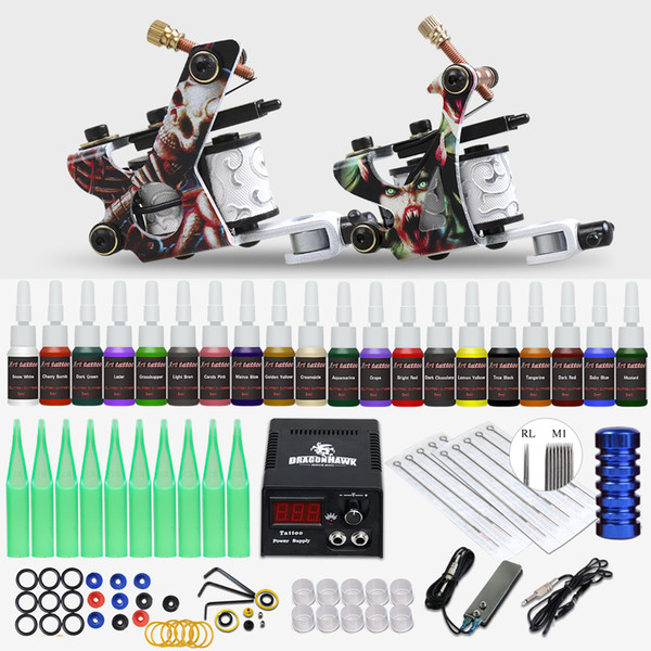 Complete Tattoo Kit 2 Guns Machines 20 Colors Ink Disposable Needles Tips Grip Power Supply D175GD-15