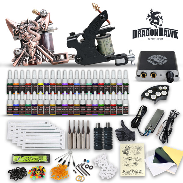 Beginner Tattoo Kit 2 Machine Gun 40 Color Inks LCD Power Supply Needles Tips Tattoo Set