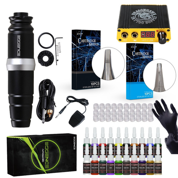 Complete Rotary Motor Pen Tattoo Kit Pen Style Tattoo Machine Liner Shader Needles 20 Inks Mini Power Supply Tattoo Kit