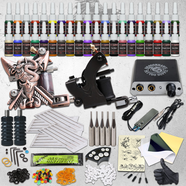 Professional Complete Tattoo Kit 2 guns machines 40 ink sets needles grips tips power supply HW-10GD