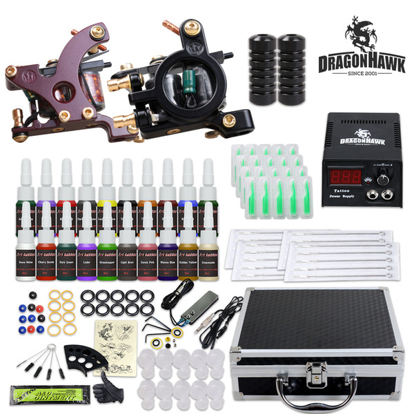 Complete Tattoo Kit 2 Machines Power Supply Disposable Needles Tips Inks Carry Case US Shipping Tattoo Supply D3027