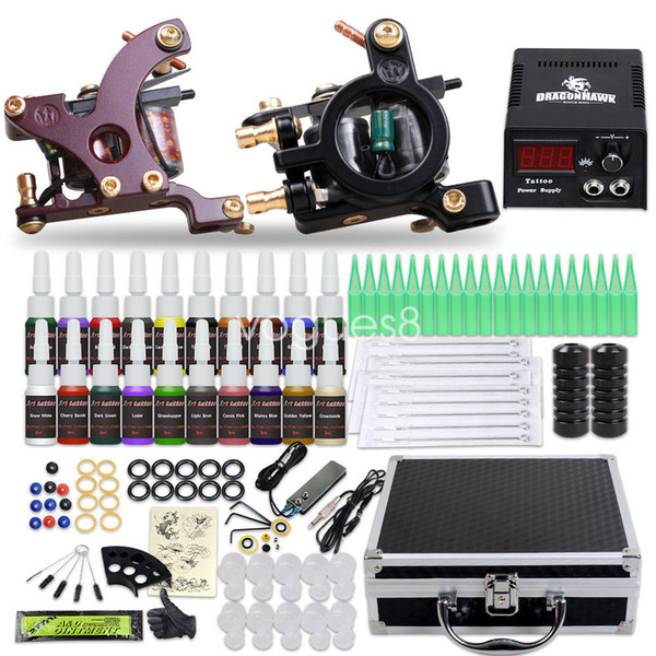 Complete Tattoo Kits 2 Machines Guns 20 Colors Inks Set Tattoo Power Supply Needles Tips Grips