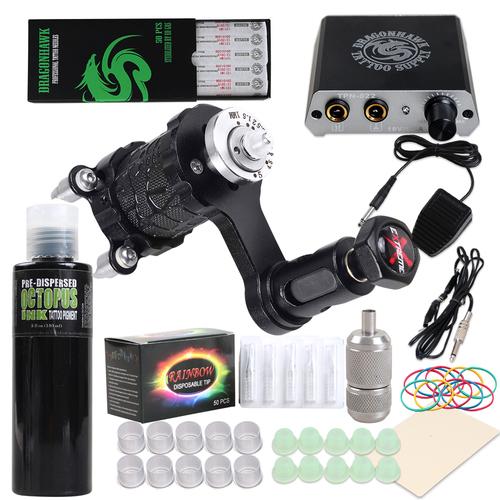 Rotary Tattoo Kit Extreme Rotary Motor Machine Mini Power Supply BLACK Ink Disposable Needles Tips D3016