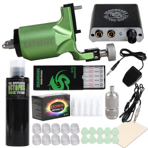 Rotary Tattoo Kit Extreme Rotary Motor Machine Mini Power Supply OCTOPUS BLACK Ink Needle D3014 US Shipping