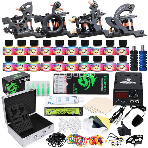 Complete Tattoo Kit 4 Guns Machine 10 Colors Ink Set Power Supply Disposable Tattoo Needles D3020