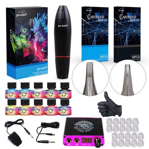 Professional Tattoo Rotary Pen Kit Rotary Motor Tattoo Gun Needles Mini Power Supply IMMORTAL Inks D3029