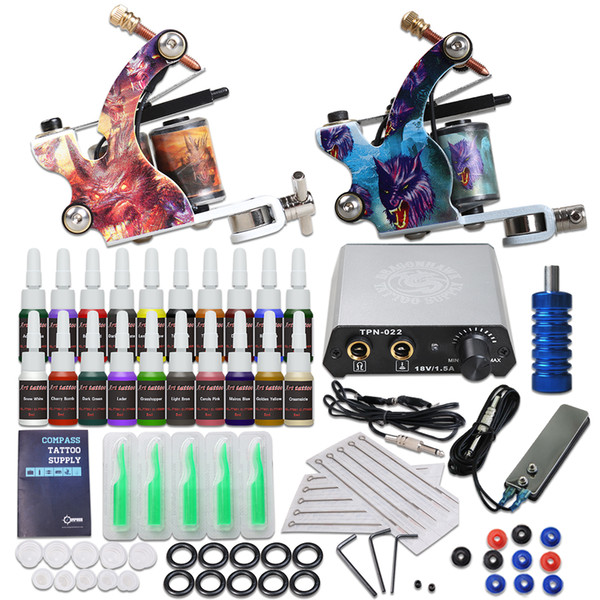 Beginner Tattoo Kit 2 Machine Gun 20 Color Ink Power Supply Needles Complete D175GD-13