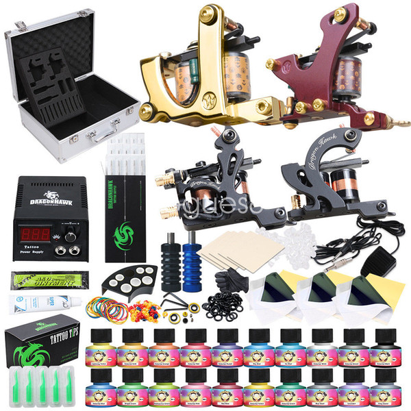 Complete Tattoo Kits 4 Guns Machine 20 Color Ink Sets LCD Power Supply Disposable Needles Carry Case D3018