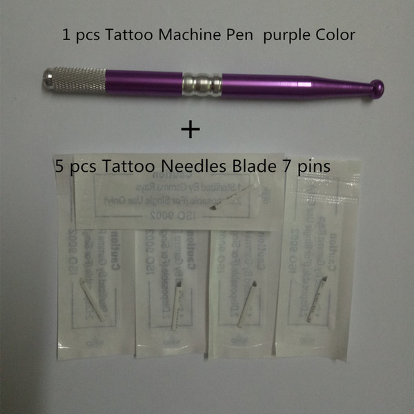 1 pcs New Style Permanent Manual Eyebrow Makeup Tattoo Machine Pen purple Color and 5 pcs Tattoo Needles Blade 7 pins