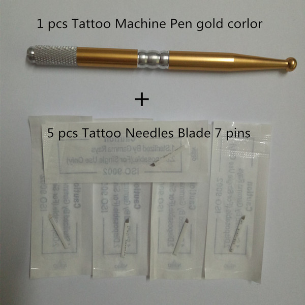 1 pcs New Style Permanent Manual Eyebrow Makeup Tattoo Machine Pen gold corlor and 5 pcs Tattoo Needles Blade 7 pins