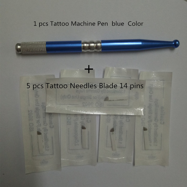 1 pcs New Style Permanent Manual Eyebrow Makeup Tattoo Machine Pen blue Color and 5 pcs Tattoo 14 Needles Blade