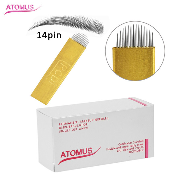 100 pcs PCD U Shape 14 Pin Curved Microblading Needles Gold Blades Tattoo Needles for Permanent Makeup Eyebrow Pen Machine