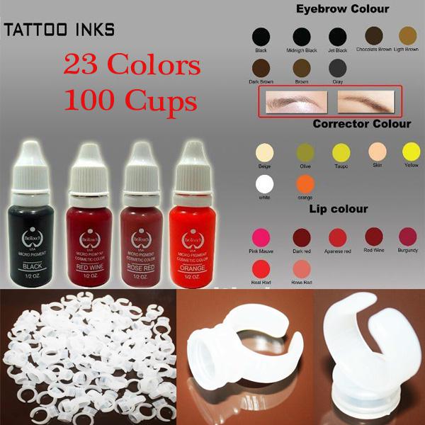 23 Colors Permanent Makeup Ink 100Pcs Ink Cup& Bio-Touch Micro Pigment Cosmetic 15ml/Bottle Kits Supply