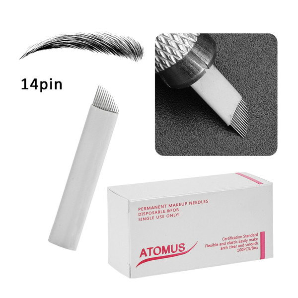 100pcs/lot Bevel Shape Permanent Makeup Eyebrow Embroidery Blade Eyebrow Tattoo Supplies Pcd Needle Microblading 14 Pin White