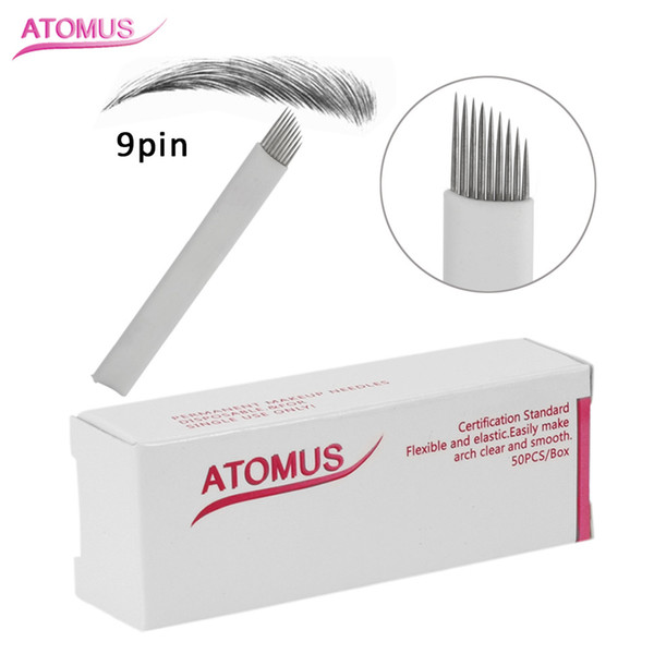 50PCS Single Row Tattoo Crossed 9Pin Tattoo Needles Microblading Permanent Makeup White Needles Blades 3D Microblading