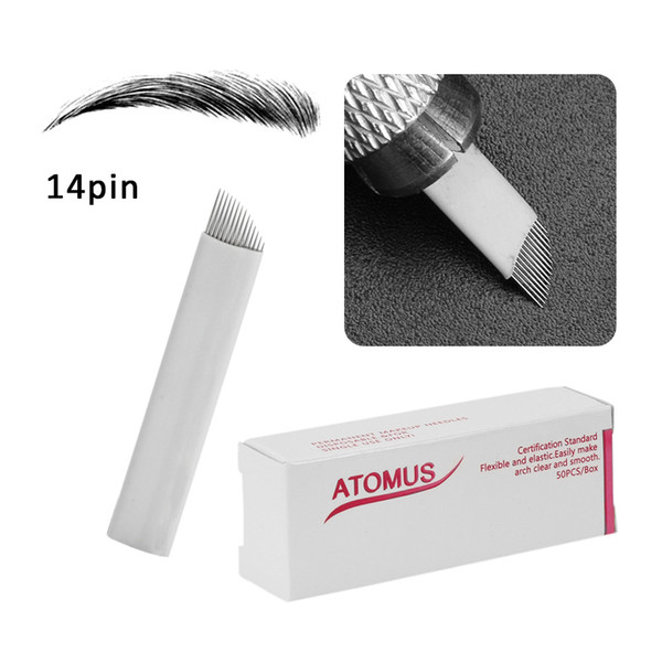 50Pcs 14Pin White Permanent Makeup Needles Eyebrow Microblading Manual Bevel Sterilized Blades for Tattoo Machine and Pen