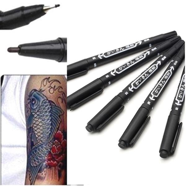 6Pcs Tattoo Skin Oily Marking Pen Double Ended Black Fine/Thick Tip Marker