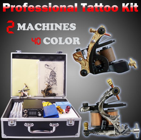 tattoo machine 40 colors ink 50pcs needles tip grip power supply set complete tattoo kit professional toll box case