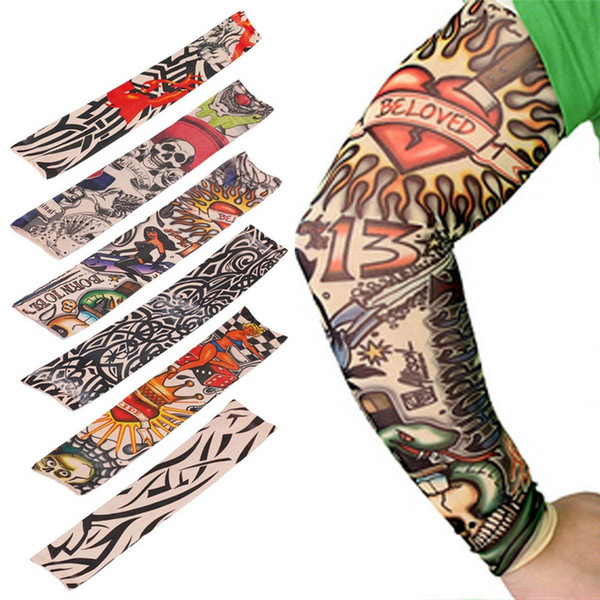 6pcs Temporary Fake Slip on Tattoo Arm Sleeves Stockings, Temporary Tattoo Arm Sunscreen Sleeves, Designs Skull, Tiger, Crown Heart, Tribal