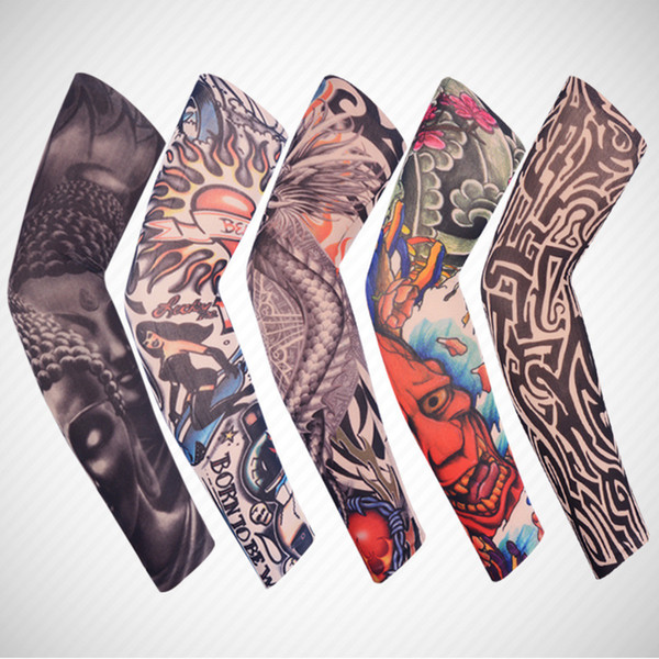 Fashion Nylon Unisex Elastic Temporary Fake Tattoo Sleeves Stretch Outdoor Sports Protection arm wearmers Sunscreen Arm Stockings Mix Types