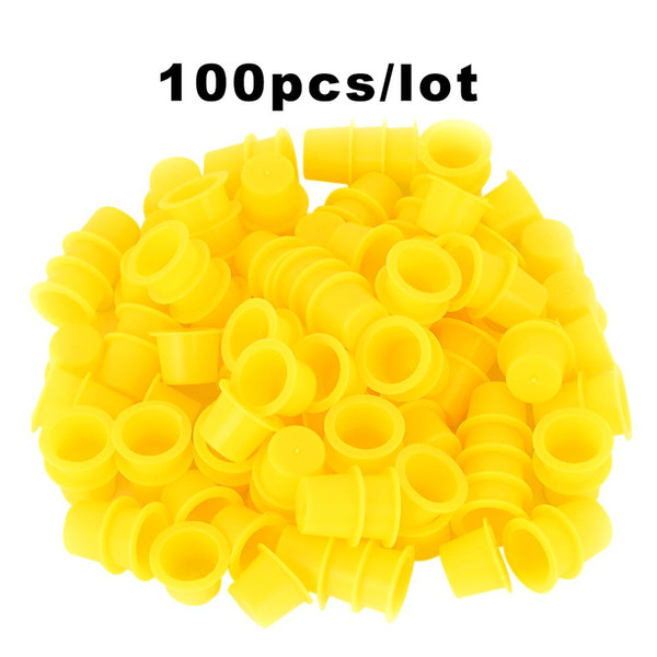 100PCS Blue Yellow Plastic Tattoo Ink Cups Medium For Permanent Tattoo Makeup Eyebrow Makeup Pigment Container Caps Disposable Accessories