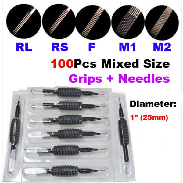 100 x Disposable Tattoo Grips Tube with Needles Assorted Mixed Size 1