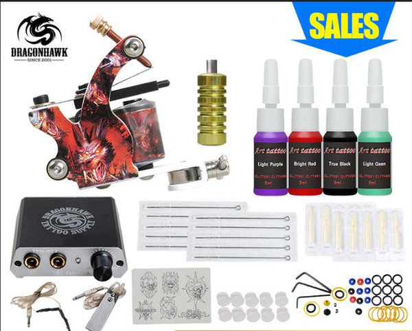 New Arrival Complete 1 Tattoo Machine Gun Set 4 color Inks Power Supply Set Beginner Tattoo Kit Hot