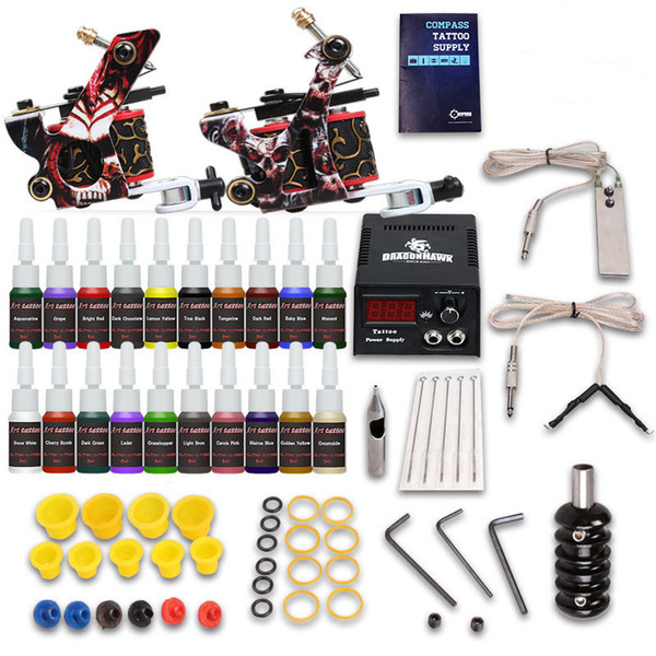 Beginner Tattoo Kit 2 Machine Gun 20 Color Inks 5RL Tattoo Needles Tips Tubes Grips Power Supplie