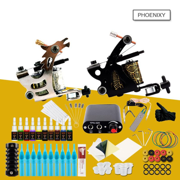 Tattoo Machine Set Complete Tattoo Kit 2 Coils Guns 20 Colors Black Pigment Sets Power Professional Kits Permanent Makeup