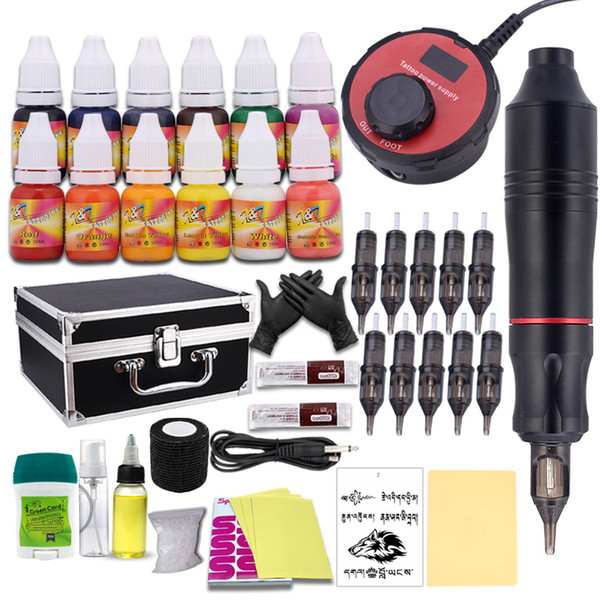 Professional Tattoo Pen Kit Rotary Machine gun Set LCD Mini Power Tattoo Pedal Switch Supply with Aluminum box