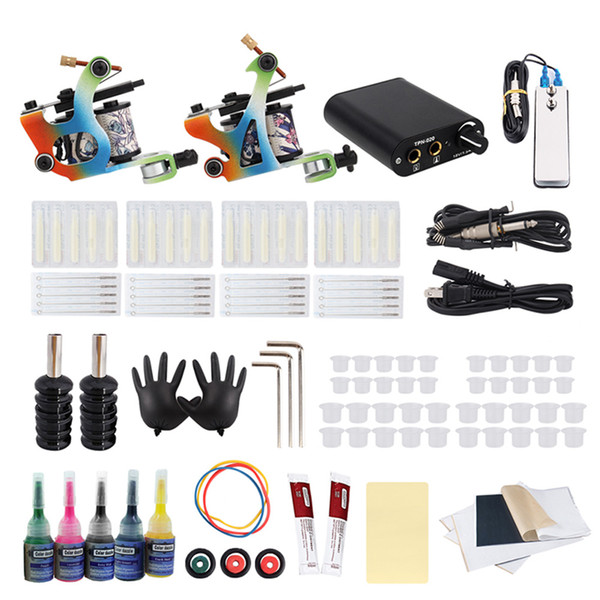 Beginner Tattoo Kit 2 Coil Tattoo Machines Gun Set Power Supply Body Art Tools Set Tattoo Permanent Makeup set for free shipping