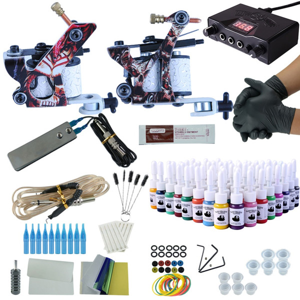 Professional Tattoo Kit 2 Machine Gun 54pcs Body Art Color Inks Power Supply Complete Tattoo Kits Permanent Makeup set