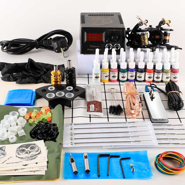 Tattoo Kit 2 Tattoo Machines Gun 20pc Ink Power Supply Grips Body Art Tools Complete Set Accessories Supplies