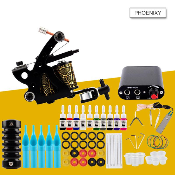 Starter Tattoo Machine Kit Set 1 Coils Guns 20 Colors Pigment Inks Sets Black Power Tattoo Beginner Grip Kit Permanent Makeup