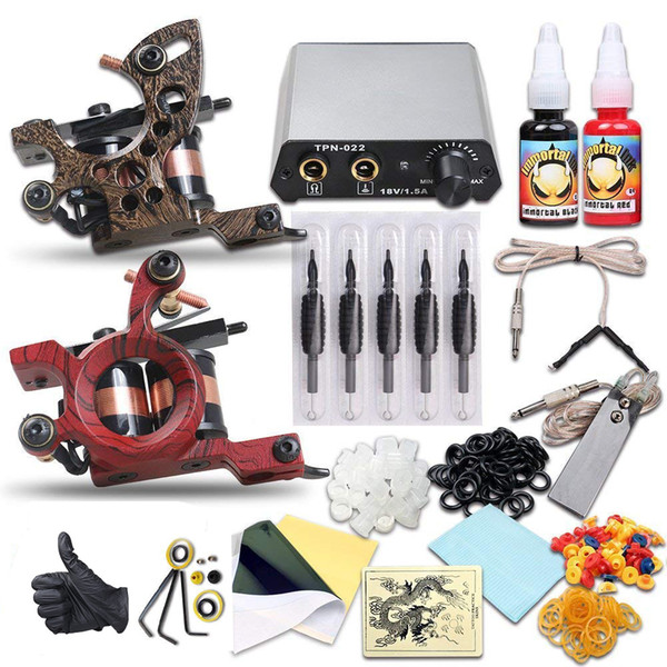 Beginner Tattoo Kit Liner Shader Coils Machines Mini Power Supply Disposable Needles Immortal Inks Tattoo Supply