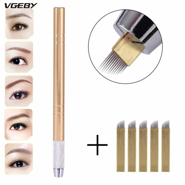 Manual Eyebrow Tattoo Microblading Pen Permanent Makeup Stainless steel Tattoo Supplies + 5Pcs12 Pins Flat Blade Needles