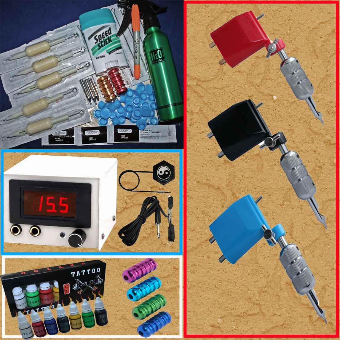 3 Rotary Tattoo Machine Gun Kits 7 Inks LED Power Supply Printing Soap Transfer Pen Needles Tools