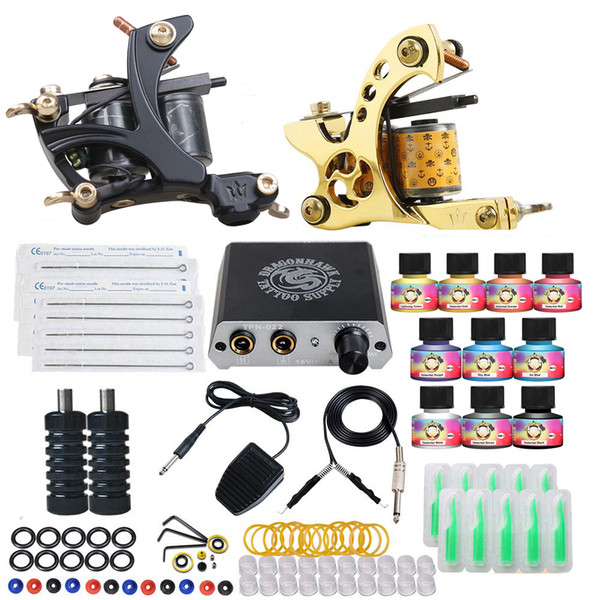 Complete Tattoo Kits 2 Machines Gun 10 Colors Inks Sets Power Supply 20 Needles Tips Tattoo Set