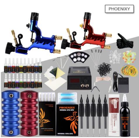 Complete Tattoo Machine Kit 2 Rotary Tattoo Machine Gun Set 20 Color Ink Set LED Power Supply Tattoo Body Art Set Pigment Makeup