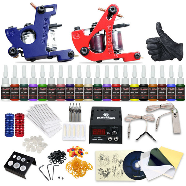 Professional Tattoo Kit 2 Machine Gun 20 Color Inks Power Supply Complete Tattoo Kits