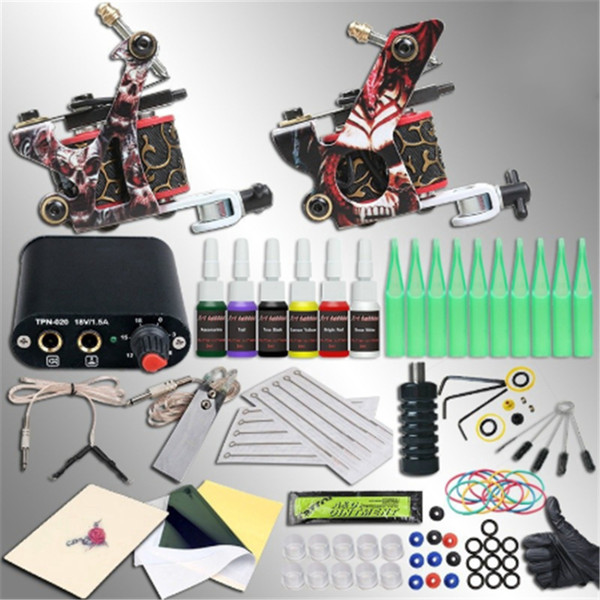 New Complete Professional Tattoo Machine Kit Sets 2 Machine Gun for Body Art 6Colors Inks Power Supply