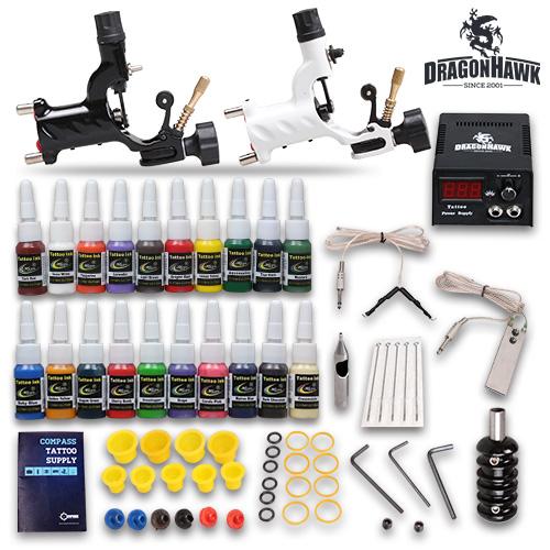 Complete Tattoo Kit 2 Rotary Machine Guns 20 Ink Equipment Needle Power Supply D175GD-6